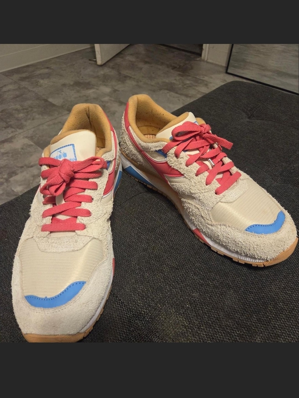 Diadora Beige Sneakers with Pink Laces and Blue Accents